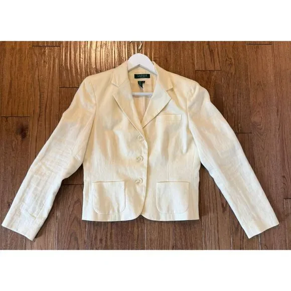 Lauren Ralph Lauren 100% linen butter yellow 3 button blazer 10 petite - Picture 5 of 6